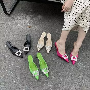 Модные шелковые женские шлепанцы на тонком высоком каблуке с острым носком, летние уличные туфли-мюли со стразами и пряжкой, модные туфли-лодочки 5.5 бежевый