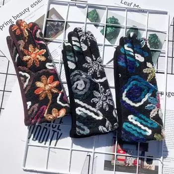 Модные шерстяные перчатки в этническом стиле для путешествий на открытом воздухе с вышивкой для сенсорных экранов, теплые флисовые перчатки без протечек one size fits all синий