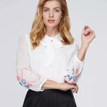 Модные шифоновые белые рубашки с длинным рукавом, женские однотонные вышитые цветы, элегантные женские блузки, винтажные офисные топы с бантом и шнуровкой 6056 S белый