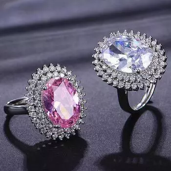 Модные шикарные большие 5 карат розовые кристаллы циркония бриллиантовые драгоценные камни кольца для женщин белое золото серебряный цвет ювелирные изделия подарок на вечеринку resizable