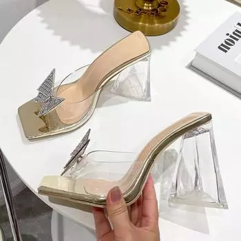 Модные шикарные тапочки с пряжкой-бабочкой и стразами, женские летние прозрачные прозрачные сандалии из ПВХ, женская обувь на каблуке из плексигласа с кристаллами 40 розовый