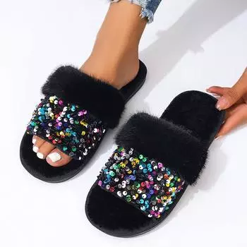 Модные шикарные женские тапочки на меху, зимняя мода 2024 года, весенние сандалии, бархатные женские трендовые повседневные короткие плюшевые повседневные шлепанцы для женщин 36-37 чёрный