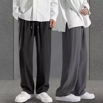 Модные широкие брюки, прямые брюки, мужские свободные брюки из ледяного шелка с эластичной резинкой на талии L чёрный