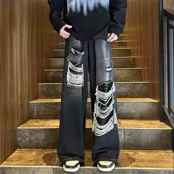 Модные широкие джинсы мужские Y2k одежда винтажная уличная одежда в стиле хип-хоп Y2k джинсовые американские брюки унисекс XS серый/чёрный