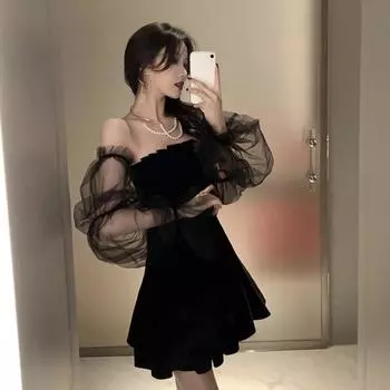 Модные шитье с пузырьковыми рукавами, женские весенне-осенние пышные платья без бретелек на талии XXL чёрный