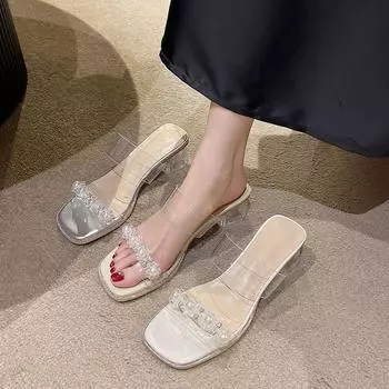 Модные шлепанцы Job Outside Clear Jewels Rhenstone Shoes Crystals with Halter Womens Slippers and Lady Sandals Transparent Summer 2024 F 35