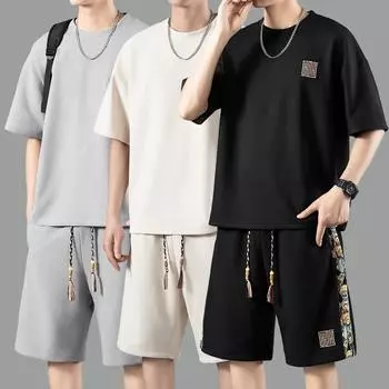 Модные шорты-футболки, мужские летние повседневные спортивные костюмы большого размера, тонкие трендовые комплекты M серый