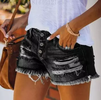 Модные шорты из денима для женщин с кисточками и рваными краями, джинсовые шорты с высокой талией, женские летние джинсы Feminino XXL чёрный
