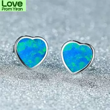 Модные синие белые розовые опаловые свадебные серьги в стиле бохо женские маленькие серьги-гвоздики в форме сердца настоящие серьги из стерлингового серебра 925 пробы для женщин 6-7mm