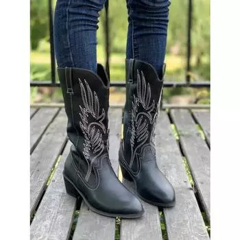 Модные синие джинсовые сапоги-догрудники Pleats для женщин 2024 года, осенние ковбойские сапоги на толстом каблуке с острым носком, женские длинные сапоги в стиле вестерн 36 чёрный