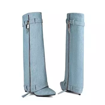 Модные синие джинсы, высокие сапоги до колена, женские, с отворотом, на молнии, высокие сапоги для женщин, зимняя весна, вечерние, длинные, танцевальные туфли, большой размер 34 чёрный