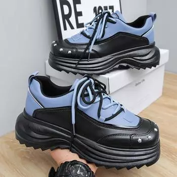 Модные синие кожаные туфли с квадратным носком, мужские повседневные кроссовки на толстой подошве, дизайнерские туфли на платформе с заклепками, мужские туфли-дерби для увеличения роста 39