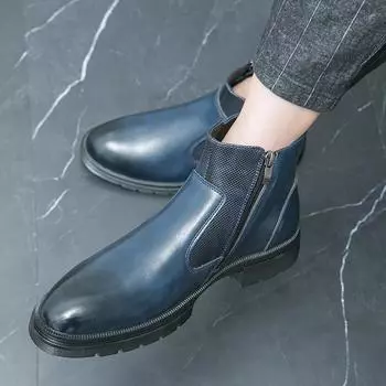 Модные синие модные кожаные мужские ботинки челси брендовые дизайнерские итальянские ботинки для свиданий классические ретро повседневные заостренные деловые ботинки на молнии 39 чёрный