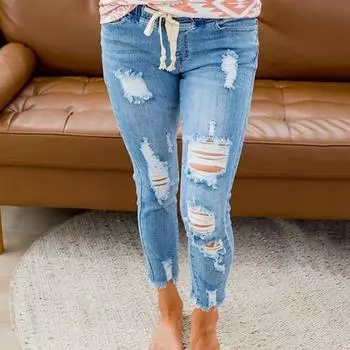 Модные синие винтажные рваные джинсы, женские повседневные джинсы с высокой талией и эластичной резинкой на талии, женские джинсовые брюки со свободными дырками 30670 S синий