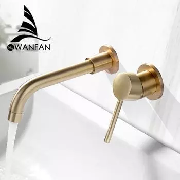 Модные смесители для раковины, настенный смеситель для ванной комнаты с двумя отверстиями, поворотный кран с золотой матовой трубкой, латунный кран с одной ручкой 855011