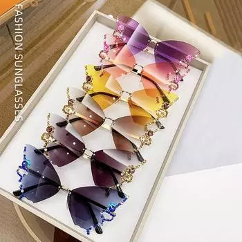 Модные солнцезащитные очки-бабочки с мозаикой и бриллиантами без оправы, уличные очки с защитой от ультрафиолета