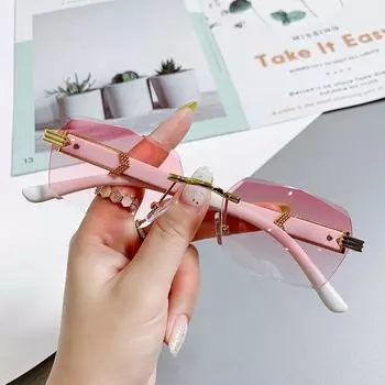 Модные солнцезащитные очки без оправы с острыми краями, женские розовые уличные мужские солнцезащитные очки синий