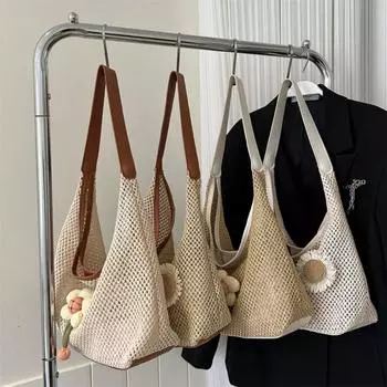 Модные соломенные сумки для женщин, сумка через плечо из ротанга, дорожные пляжные сумки, элегантные женские сумки большой вместимости с цветочным кулоном