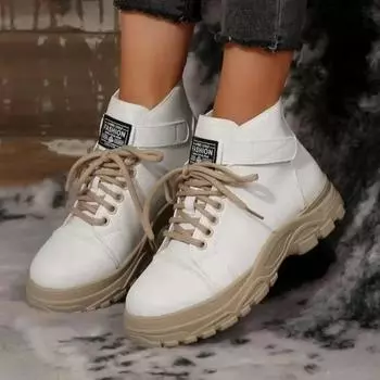 Модные современные ботинки с круглым носком и шнуровкой спереди 2024 года, высококачественная женская обувь, горячая распродажа, женские ботинки больших размеров на квадратном каблуке 36 белый