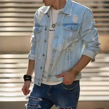 Модные сплошные отверстия для мужчин, осенняя уличная одежда, тонкая джинсовая куртка, высокое качество, повседневное пальто, большие размеры XS синий