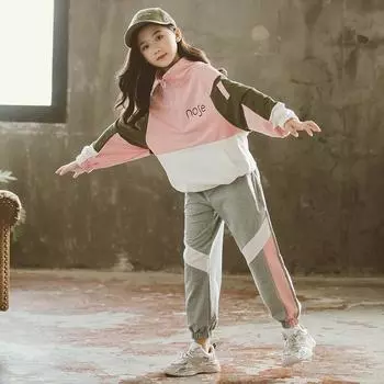 Модные спортивные костюмы для больших девочек, комплект одежды на молнии с полувысоким воротником и буквами, весенне-осенний спортивный костюм для подростков, детская спортивная одежда 140 розовый
