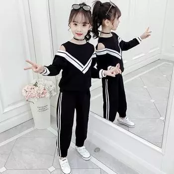 Модные спортивные костюмы для девочек, комплект подросткового спортивного костюма, комплект одежды для девочек с открытыми плечами 150cm чёрный
