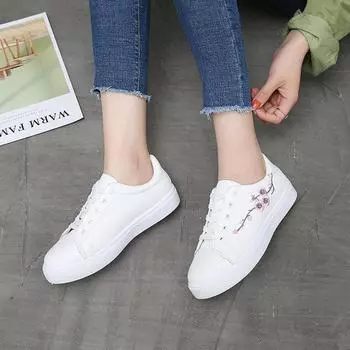 модные спортивные туфли корейские вышитые повседневные весенние белые женские студенческие туфли на плоской подошве тип верха материал посадка форма носка модный элемент 35 синий