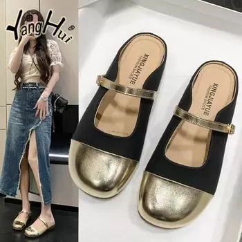 Модные сращивания Baotou Flat Bottom с одинарными туфлями 2024 года, новые модные простые универсальные повседневные универсальные офисные женские тапочки, лето 35 коричневый