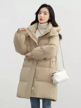 Модные средние и длинные пуховики для женщин, зимние, новые, утолщенные, белые, утиные, теплые, с капюшоном, зимние пальто Tide S (90-60 kg) хаки