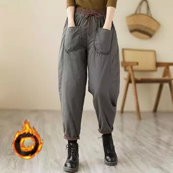 Модные стеганые шаровары для женщин, зимние повседневные свободные широкие брюки с хлопковой подкладкой, ветрозащитные брюки для мам XXL чёрный