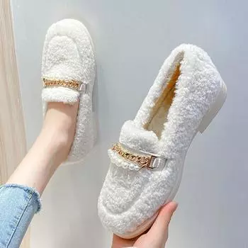 Модные стельки из плюша и меха, женские туфли на плоской подошве из шерсти, утолщенные каблуки, мокасины, женские удобные зимние мокасины из овечьей шерсти с жемчужной цепочкой 4.5