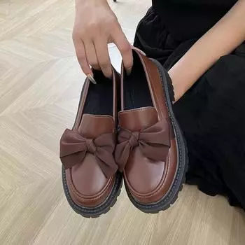 Модные стильные туфли из кожи для женщин 2024 года, весна и осень, новый стиль, туфли на плоской подошве с завязками, однотонные туфли с бантом, женские туфли-лоферы 35