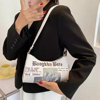 Модные сумки через плечо для женщин с газетным принтом, кожаная сумка для подмышек, женская сумка-клатч для подмышек