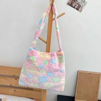 Модные сумки через плечо с цветами для женщин, мягкие плюшевые сумки-шопперы, женские сумки большой вместимости, теплые пушистые сумки-ведра 37x3x35cm