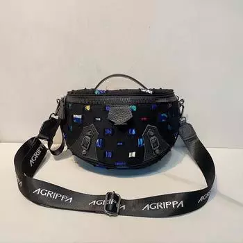 Модные сумки для женщин и мужчин Джинсовые сумки с кожаными отверстиями Модные сумки-мессенджеры с широкими плечевыми ремнями Сумки-пельмени Повседневные маленькие сумки Сумки через плечо чёрный