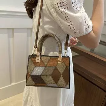 Модные сумки из искусственной кожи с ручкой сверху в стиле пэчворк для женщин, квадратные женские сумки через плечо для повседневного использования 20x14x8cm