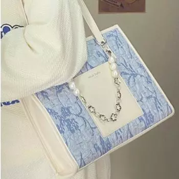 Модные сумки-тоуты из искусственной кожи контрастного цвета, роскошные женские сумки через плечо большой вместимости для отдыха, сумки с жемчужной цепочкой для поездок на работу