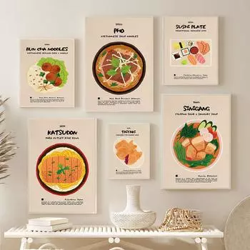 Модные суши булочки ча лапша тайяки постер японская вьетнамская азиатская еда ретро настенное искусство современный кухонный декор печать картины 21x30cm No Framed