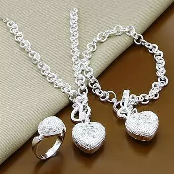 Модные свадебные комплекты ювелирных изделий из серебра 925 пробы, ожерелья с сердцем, браслеты, кольца, набор для женщин