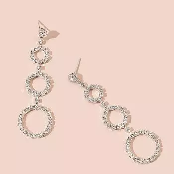 Модные свадебные серьги-гвоздики с бахромой, три круга, драгоценные камни, стразы, круглые блестящие серьги серебряный