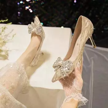 Модные свадебные туфли с блестками и бантом для женщин, серебристо-золотые, на тонком каблуке, женские сексуальные туфли с острым носком и блестящими высокими каблуками 34