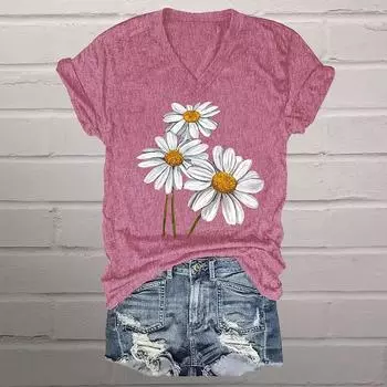Модные свежие блузки с рисунком ромашек, футболки с коротким рукавом и V-образным вырезом, повседневные XS розовый