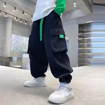 Модные свободные брюки для мальчиков весна/осень 2023 года для детей - стильные комбинезоны для детей среднего и старшего возраста 120 cm чёрный