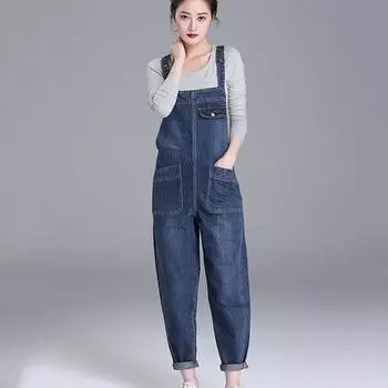 Модные свободные джинсы с карманами, женские осенние брюки-комбинезон, комбинезон с плечевым ремнем, джинсовые брюки большого размера S темно-синий