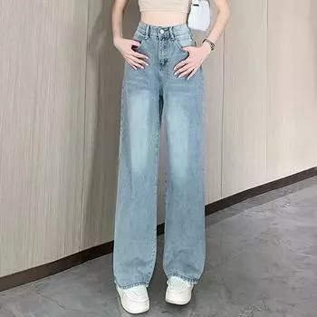 Модные свободные повседневные джинсы для женщин, винтажные синие прямые широкие джинсовые брюки, офисные женские однотонные облегающие брюки с высокой талией, женские 24254 S синий