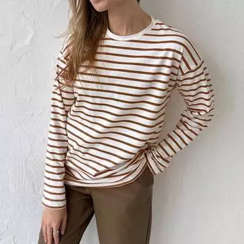 Модные свободные повседневные хлопковые футболки в полоску с длинными рукавами, элегантные офисные женские мягкие топы с круглым вырезом, осенняя женская одежда 29678 S кофейный