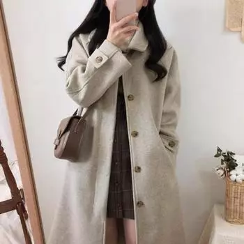 Модные свободные повседневные шерстяные пальто средней длины для женщин 2024 года, осень и зима, приталенные элегантные женские куртки, топы, винтажное пальто с отложным воротником 25412 S