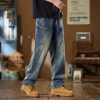 Модные свободные прямые брюки мужские винтажные джинсы в стиле пэчворк уличная одежда корейские мешковатые широкие повседневные джинсовые брюки размера плюс 38 синий