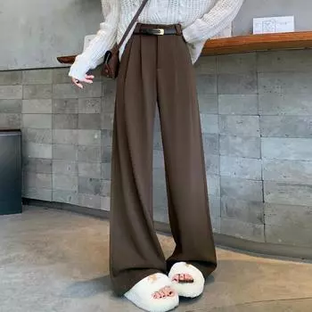 Модные свободные прямые простые широкие брюки женские осенне-зимние повседневные брюки с высокой талией женские элегантные винтажные брюки больших размеров 2694 S чёрный