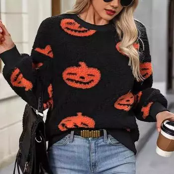 Модные свободные пуловеры с длинным рукавом, женские свитера, новые осенние принты на Хэллоуин, повседневные зимние вязаные свитера, элегантные теплые флисовые женские джемперы 25370 S оранжевый